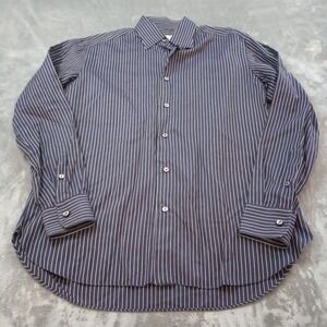Brioni Shirt Mens Medium Navy Blue Stripe Button Front Luxury Dress FLAW READ